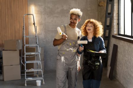 Image d'un couple qui repeint l'intérieur de son habitation
