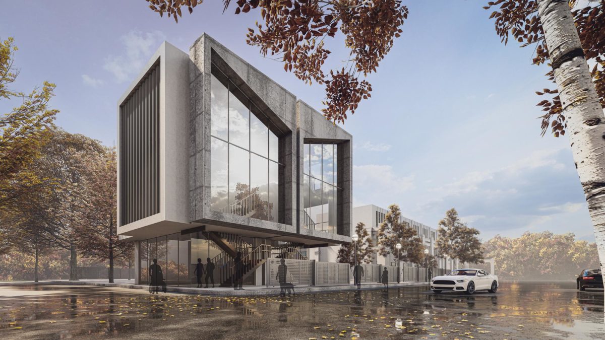 Image 3D d'une construction moderne en pleine nature